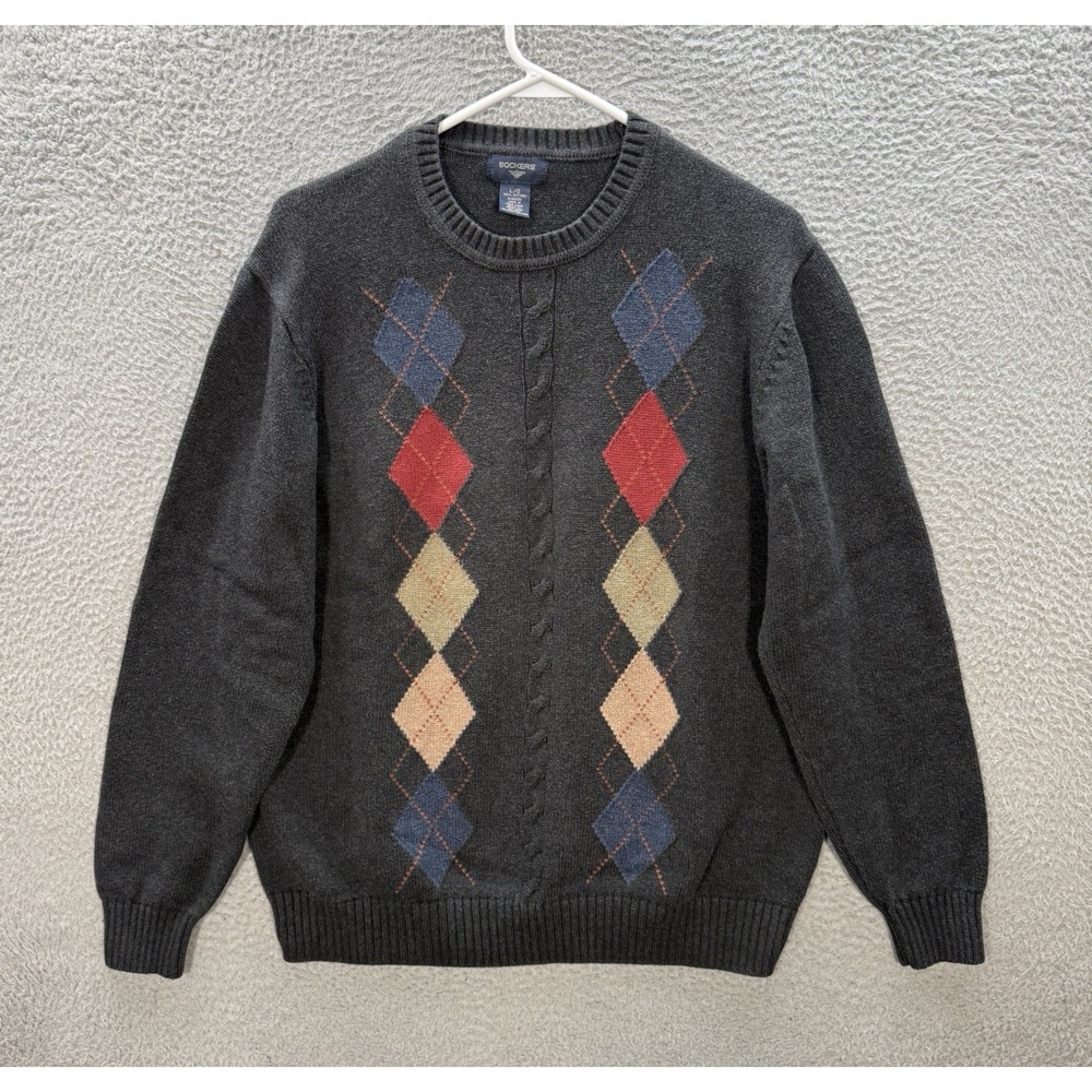 Dockers Sweater Adult Large Gray Argyle Geometric Crewneck Grandpa Old Money